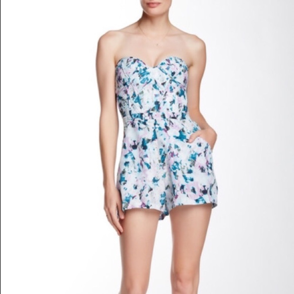 Parker Floral Print Strapless Romper - Blue and Pink